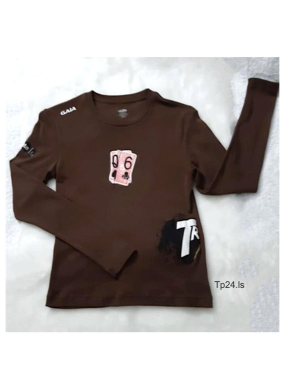 GALA Teens Women Tee Top 100% Cotton Brown Round Neck L-Sleeve White Pink Print
